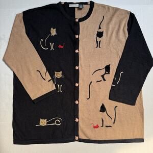 Kevo Collection 3X Cardigan Sweater Cats & Mice Embroidered Two Tone Black Tan